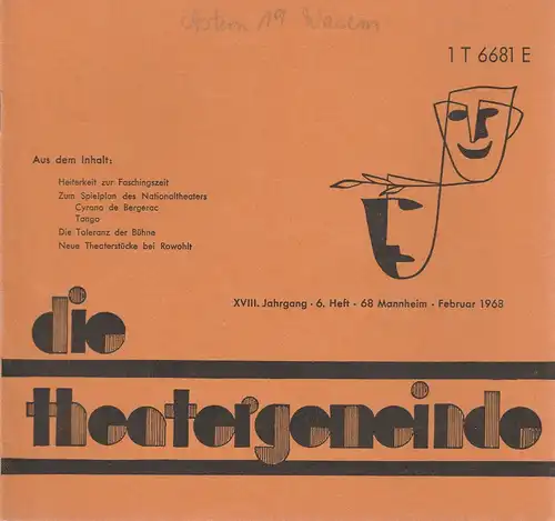 Theatergemeinde für das Nationaltheater Mannheim: Blätter der Theatergemeinde für das Nationaltheater Mannheim Heft 6 Februar 1968. 