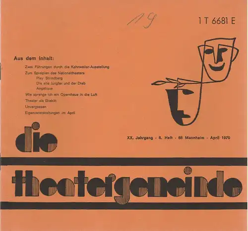 Theatergemeinde für das Nationaltheater Mannheim: Blätter der Theatergemeinde für das Nationaltheater Mannheim Heft 8 April 1970. 