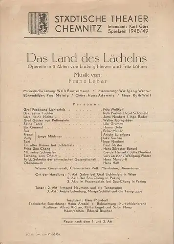 Städtische Theater Chemnitz, Karl Görs: Theaterzettel Franz Lehar DAS LAND DES LÄCHELNS Spielzeit 1948 / 49. 