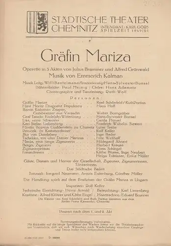 Städtische Theater Chemnitz, Karl Görs: Theaterzettel Emmerich Kalman GRÄFIN MARIZA Spielzeit 1949 / 50. 