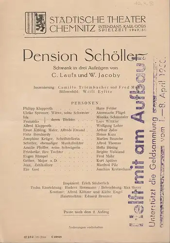 Städtische Theater Chemnitz, Karl Görs: Theaterzettel C. Laufs und W. Jacoby PENSION SCHÖLLER Spielzeit 1949 / 50. 