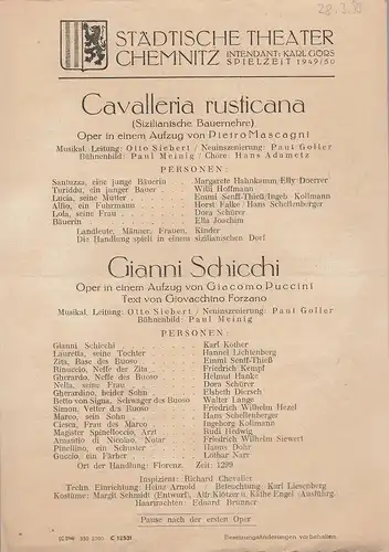 Städtische Theater Chemnitz, Karl Görs: Theaterzettel Pietro Mascagni CAVALLERIA RUSTICANA / Giacomo Puccini GIANNI SCHICCI Spielzeit 1949 / 50. 