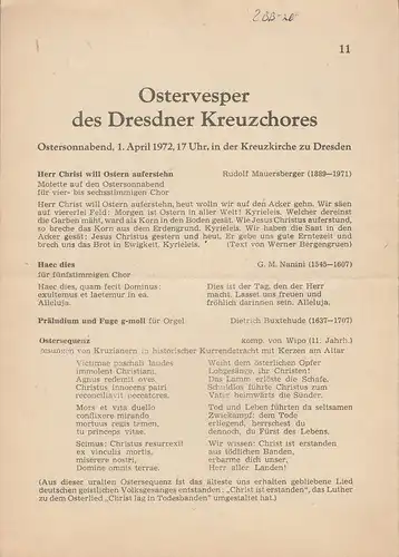 Dresdner Kreuzchor: Programmheft OSTERVESPER DES DRESDNER KREUZCHORES 1. April 1972 Kreuzkirche zu Dresden. 
