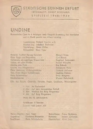 Städtische Bühnen Erfurt, Ernst Wiegand: Theaterzettel Albert Lortzing UNDINE Spielzeit 1948 / 49. 