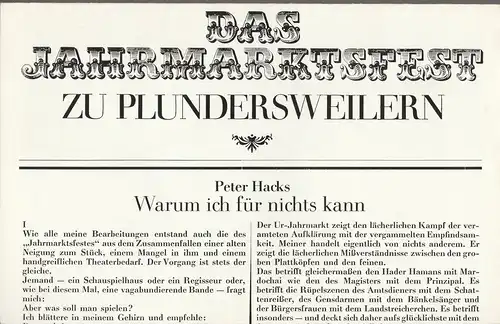 Staatstheater Dresden, Ute Baum, Ekkehard Walter: Programmheft Peter Hacks nach J. W von Goethe DAS JAHRMARKTSFEST ZU PLUNDERSWEILERN Premiere 30. November 1978 Kleines Haus. 