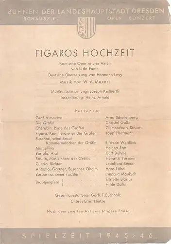 Bühnen der Landeshauptstadt Dresden, Erich Ponto: Theaterzettel Wolfgang Amadeus Mozart FIGAROS HOCHZEIT Spielzeit 1945 / 46. 