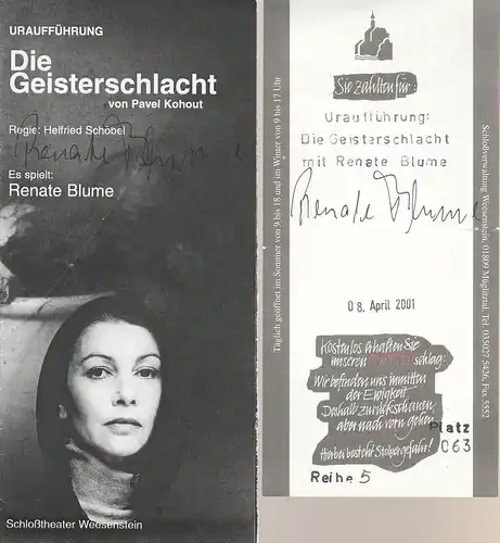 Literarisch-musikalischer Salon Dresden, Schloßtheater Weesenstein, Rolf Hoppe: Programmheft Uraufführung Pavel Kohout DIE GEISTERSCHLACHT signiert. 