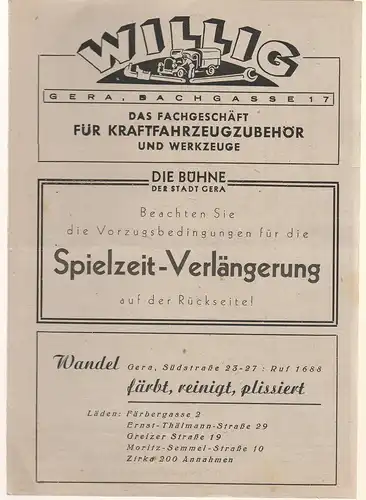 Bühne der Stadt Gera, Walter Brandt: Programmheft Fred Raymond DIE PERLE VON TOKAY ca. 1946. 