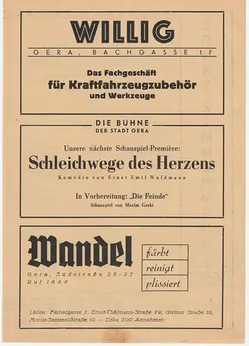 Bühne der Stadt Gera, Walter Brandt: Programmheft Gerhart Hauptmann MICHAEL KRAMER Erstaufführung ca. 1946. 