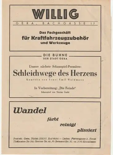 Bühne der Stadt Gera, Walter Brandt: Programmheft William Shakespeare EIN SOMMERNACHTSTRAUM ca. 1946. 