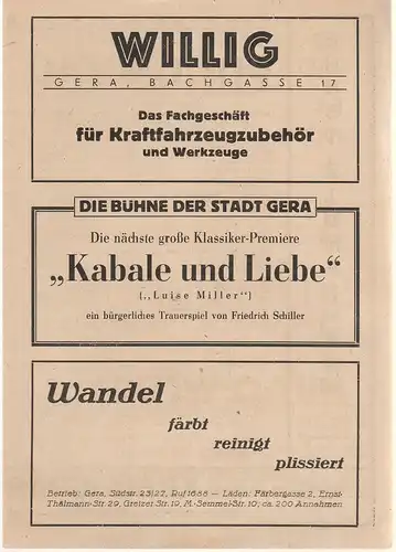 Bühne der Stadt Gera, Walter Brandt: Programmheft Franz von Suppe BOCCACCIO ca. 1946. 