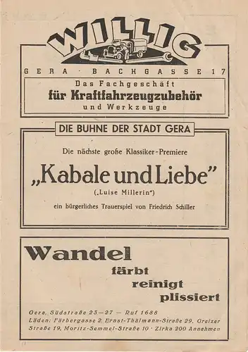 Bühne der Stadt Gera, Walter Brandt: Programmheft Ludwig van Beethoven FIDELIO ca. 1946. 