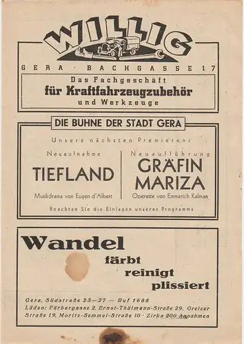 Bühne der Stadt Gera, Walter Brandt: Programmheft Nico Dostal CLIVIA ca. 1946. 