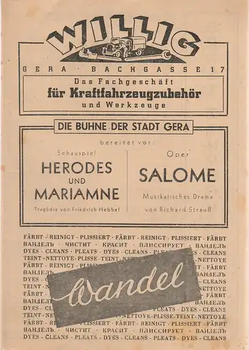 Bühne der Stadt Gera, Walter Brandt: Programmheft Michael Harward DAS VERSCHLOSSENE HAUS ca. 1946. 