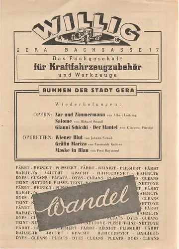 Bühnen der Stadt Gera, Walter Brandt: Programmheft Johann Strauß WIENER BLUT ca. 1946. 