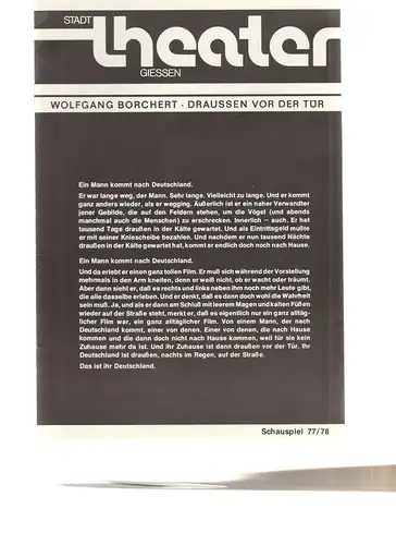 Stadttheater Gießen, Dietrich Taube, Eveline Miller: Programmheft Wolfgang Borchert DRAUSSEN VOR DER TÜR Premiere 25. September 1977 Spielzeit Schauspiel 1977 / 78 Heft 3 ( draußen ). 