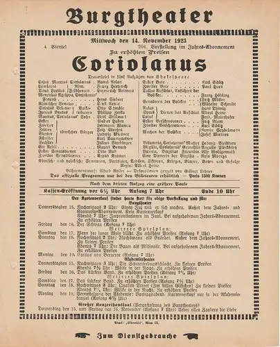 Burgtheater Wien: Theaterzettel Shakespeare CORIOLANUS 14. November 1923 Burgtheater Wien. 