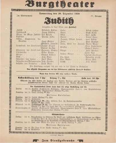 Burgtheater Wien: Theaterzettel Hebbel JUDITH 20. Dezember 1928 Burgtheater Wien. 