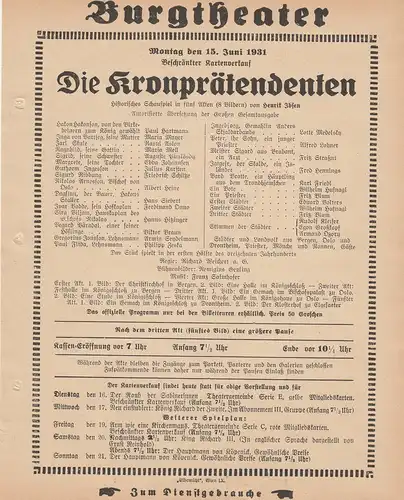 Burgtheater Wien: Theaterzettel Henrik Ibsen DIE KRONPRÄTENDENTEN 15. Juni 1931 Burgtheater Wien. 