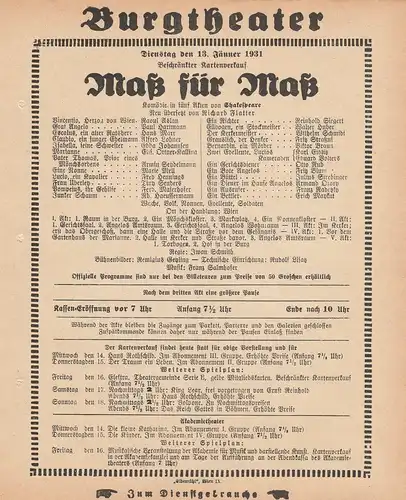 Burgtheater Wien: Theaterzettel Shakespeare MAß FÜR MAß 13. Jänner 1931 Burgtheater Wien. 