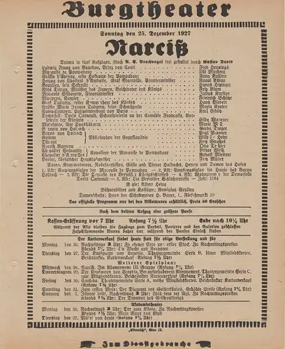 Burgtheater Wien: Theaterzettel A. E. Brachvogel NARCIß ( Narziss ) 25. Dezember 1927 Burgtheater Wien. 