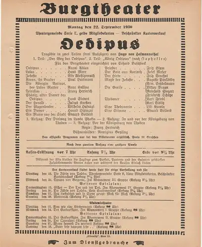 Burgtheater Wien: Theaterzettel Hugo von Hofmannsthal OEDIPUS 22. September 1930 Burgtheater Wien. 