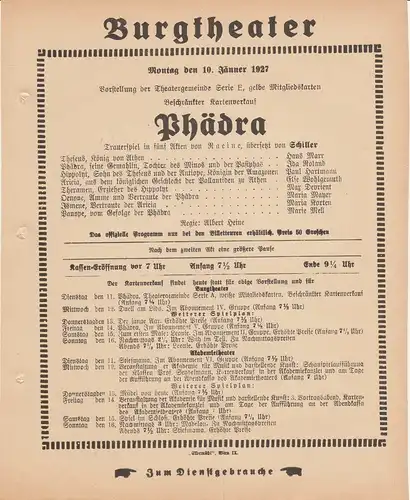 Burgtheater Wien: Theaterzettel Racine PHÄDRA 10. Jänner 1927 Burgtheater Wien. 