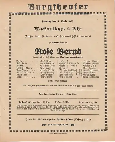 Burgtheater Wien: Theaterzettel Gerhart Hauptmann ROSE BERND 8. April 1923 Burgtheater Wien. 