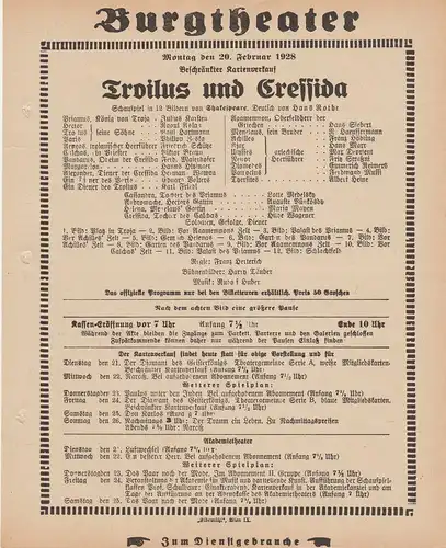 Burgtheater Wien: Theaterzettel Shakespeare TROILUS UND CRESSIDA 20. Februar 1928 Burgtheater Wien. 