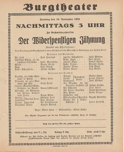 Burgtheater Wien: Theaterzettel Shakespeare DER WIDERSPENSTIGEN ZÄHMUNG 18. November 1928 Burgtheater Wien. 