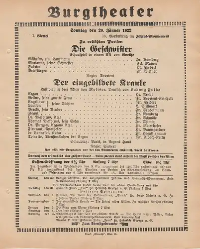 Burgtheater Wien: Theaterzettel Goethe DIE GESCHWISTER / Moliere DER EINGEBILDETE KRANKE 29. Jänner 1922 Burgtheater Wien. 