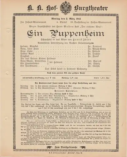 k. k. Hof - Burgtheater Wien: Theaterzettel Henrik Ibsen EIN PUPPENHEIM 2. März 1914 k. k. Hof - Burgtheater Wien. 