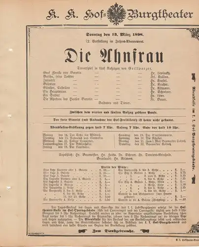 k. k. Hof = Burgtheater Wien: Theaterzettel Grillparzer DIE AHNFRAU 13. März 1898 k. k. Hof = Burgtheater Wien. 
