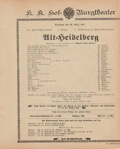 k. k. Hof = Burgtheater Wien: Theaterzettel Wilhelm Meyer-Förster ALT=HEIDELBERG 20. März 1917 k. k. Hof = Burgtheater Wien. 
