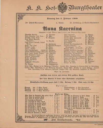 k. k. Hof = Burgtheater Wien: Theaterzettel Edmond Guirand ANNA KARENINA 2. Februar 1908 k. k. Hof = Burgtheater Wien. 