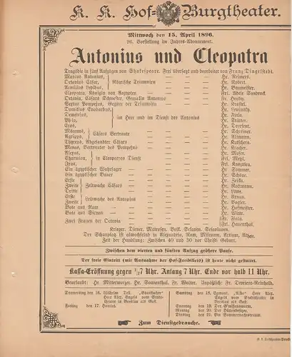 k. k. Hof = Burgtheater Wien: Theaterzettel Shakespeare ANTONIUS UND CLEOPATRA 15. April 1896 k. k. Hof = Burgtheater Wien. 