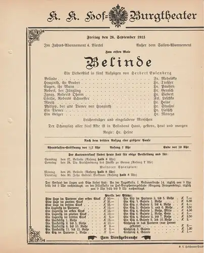 k. k. Hof = Burgtheater Wien: Theaterzettel Herbert Eulenberg BELINDE 26. September 1913 k. k. Hof = Burgtheater Wien. 