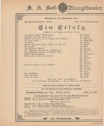 k. k. Hof = Burgtheater Wien: Theaterzettel Paul Lindau EIN ERFOLG 18. September 1911 k. k. Hof = Burgtheater Wien. 