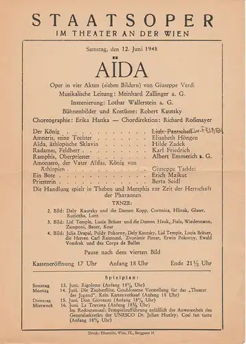 Staatsoper im Theater an der Wien: Theaterzettel Giuseppe Verdi AIDA 12. Juni 1948. 