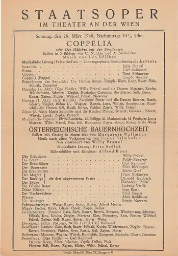 Staatsoper im Theater an der Wien: Theaterzettel Leo Delibes COPPELIA /  Franz Salmhofer ÖSTERREICHISCHE BAUERNHOCHZEIT 28. März 1948. 