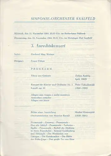 Sinfonie-Orchester Saalfeld: Programmheft SINFONIE ORCHESTER SAALFELD 3. ANRECHTSKONZERT 11. + 12.  November 1964 Kulturhaus Pößneck  und Meininger Hof Saalfeld. 