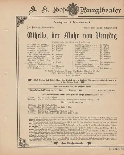 k. k. Hof = Burgtheater Wien: Theaterzettel Shakespeare OTHELLO, DER MOHR VON VENEDIG 19. September 1915 k. k. Hof = Burgtheater Wien. 