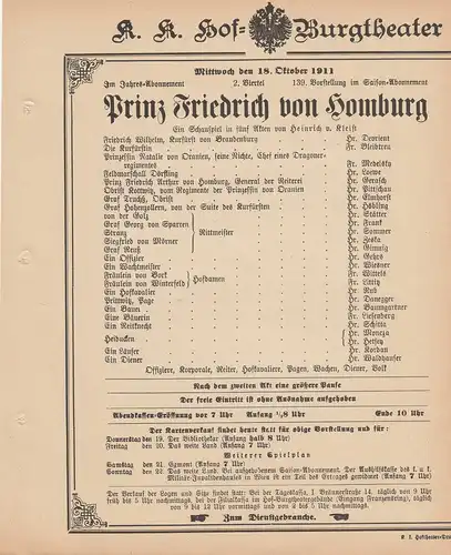 k. k. Hof = Burgtheater Wien: Theaterzettel Heinrich von Kleist PRINZ FRIEDRICH VON HOMBURG 18. Oktober 1911 k. k. Hof = Burgtheater Wien. 