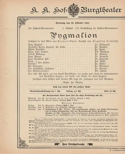 k. k. Hof = Burgtheater Wien: Theaterzettel Bernard Shaw PYGMALION 28. Oktober 1913 k. k. Hof = Burgtheater Wien. 