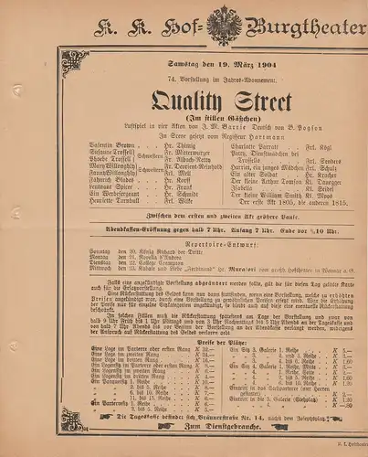 k. k. Hof = Burgtheater Wien: Theaterzettel J. M. Barrie QUALITY STREET 19. März 1904 k. k. Hof = Burgtheater Wien. 