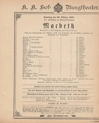 k. k. Hof = Burgtheater Wien: Theaterzettel Shakespeare MACBETH 23. Oktober 1897 k. k. Hof = Burgtheater Wien. 