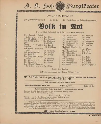 k. k. Hof = Burgtheater Wien: Theaterzettel Karl Schönherr VOLK IN NOT 16. Februar 1917 k. k. Hof = Burgtheater Wien. 