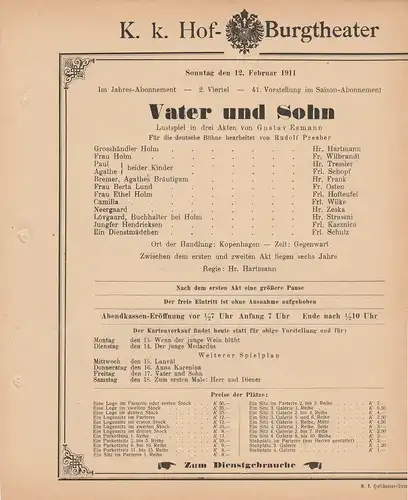 k. k. Hof = Burgtheater Wien: Theaterzettel Gustav Esmann VATER UND SOHN 12. Februar 1911 k. k. Hof = Burgtheater Wien. 