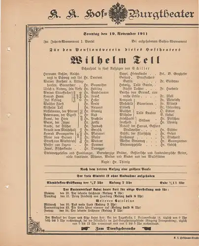 k. k. Hof = Burgtheater Wien: Theaterzettel Schiller WILHELM TELL 19. November 1911 k. k. Hof = Burgtheater Wien. 