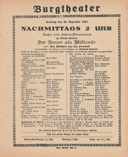 Burgtheater Wien: Theaterzettel Ferdinand Raimund DER BAUER ALS MILLIONÄR 30. Dezember 1923. 